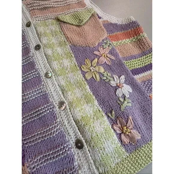 Susan Bristol Women's Spring Floral Knit Sweater Vest Pastel Purple Peach Medium - Picture 3 of 8